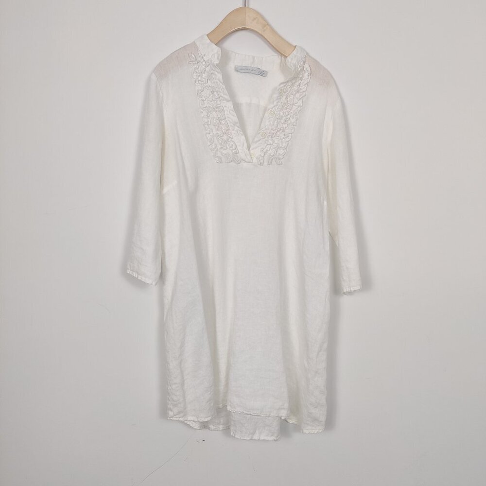 Jules & Jim Women's 100% Linen Ruffled Shirt Tunic Top Size Small Oversized Boho
